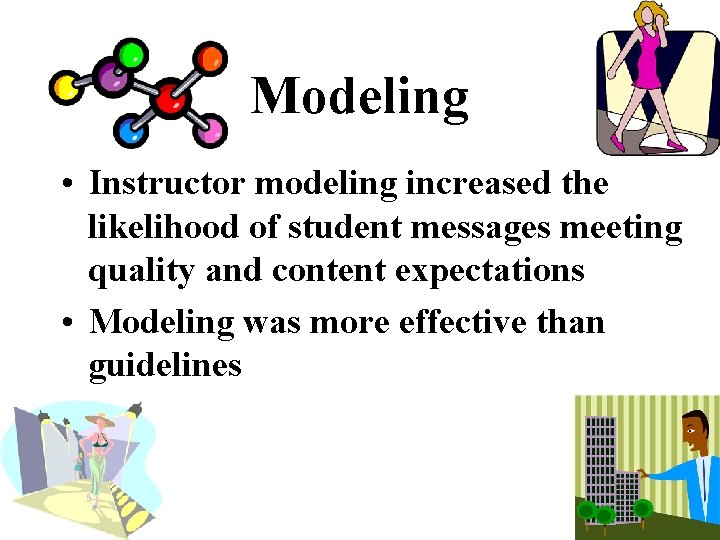 Modeling • Instructor modeling increased the likelihood of student messages meeting quality and content