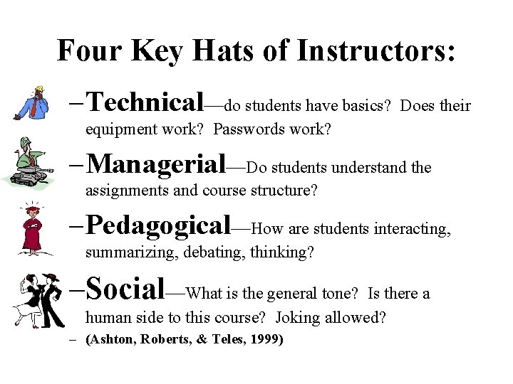 Four Key Hats of Instructors: – Technical—do students have basics? Does their equipment work?