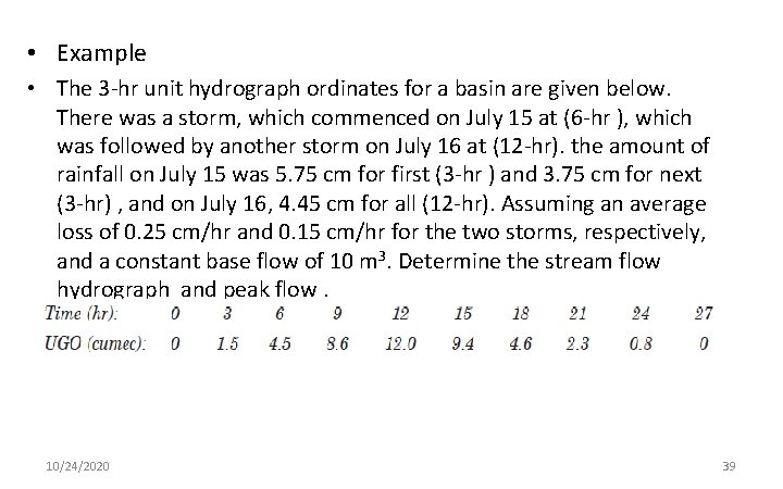  • Example • The 3 -hr unit hydrograph ordinates for a basin are
