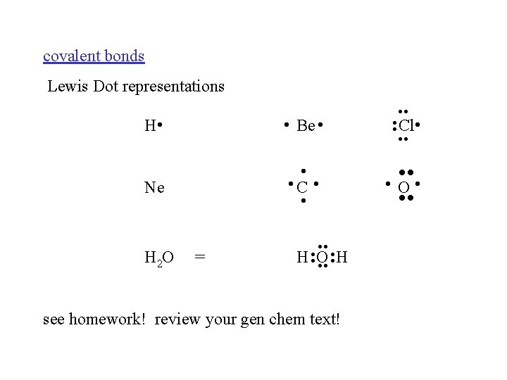 covalent bonds Lewis Dot representations H . . Be. . . . C. Ne