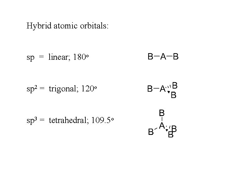 Hybrid atomic orbitals: sp = linear; 180 o sp 2 = trigonal; 120 o