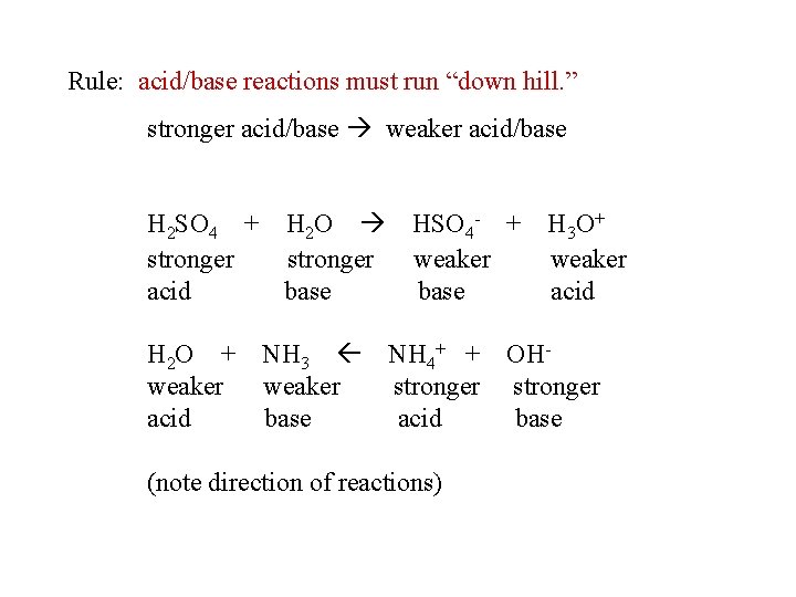 Rule: acid/base reactions must run “down hill. ” stronger acid/base weaker acid/base H 2