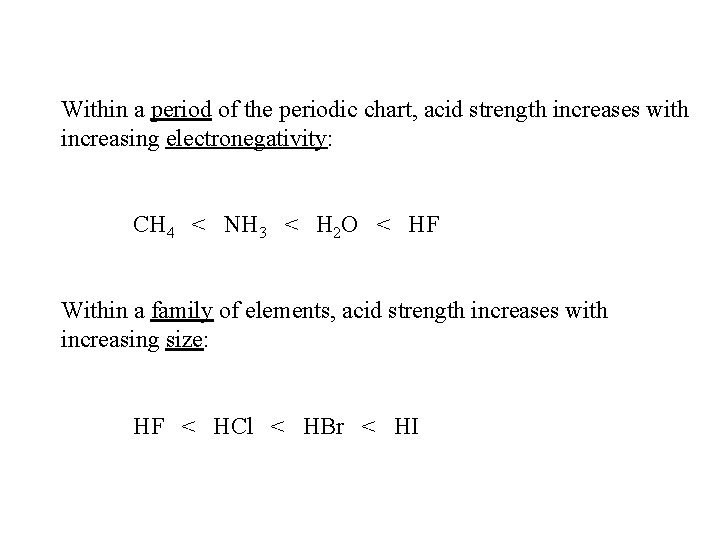 Within a period of the periodic chart, acid strength increases with increasing electronegativity: CH