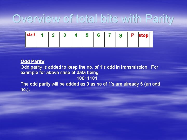 Overview of total bits with Parity Odd parity is added to keep the no.