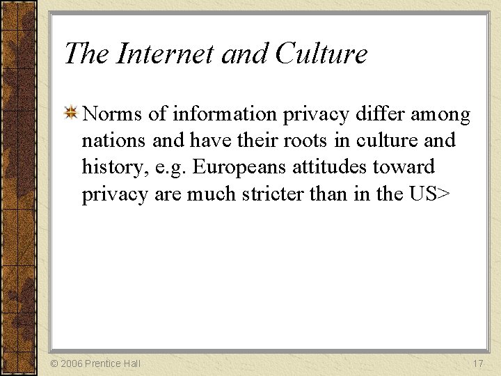The Internet and Culture Norms of information privacy differ among nations and have their