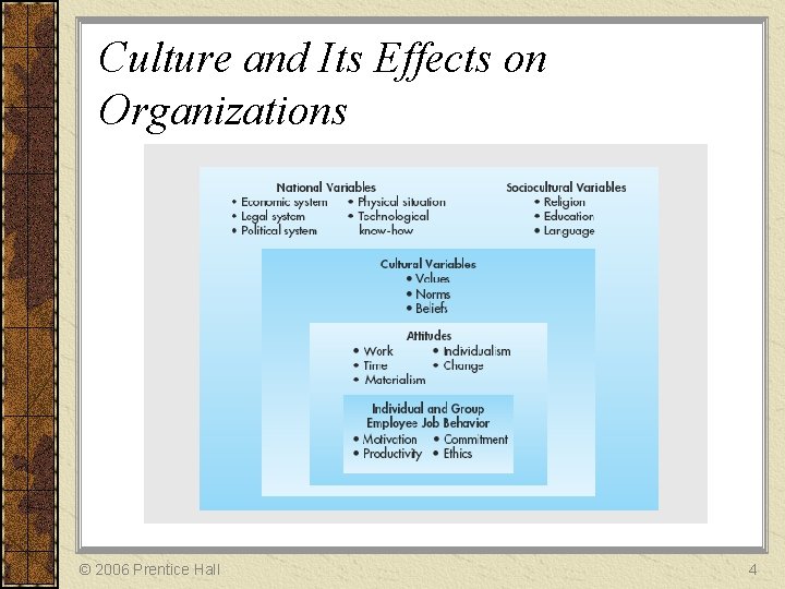 Culture and Its Effects on Organizations © 2006 Prentice Hall 4 