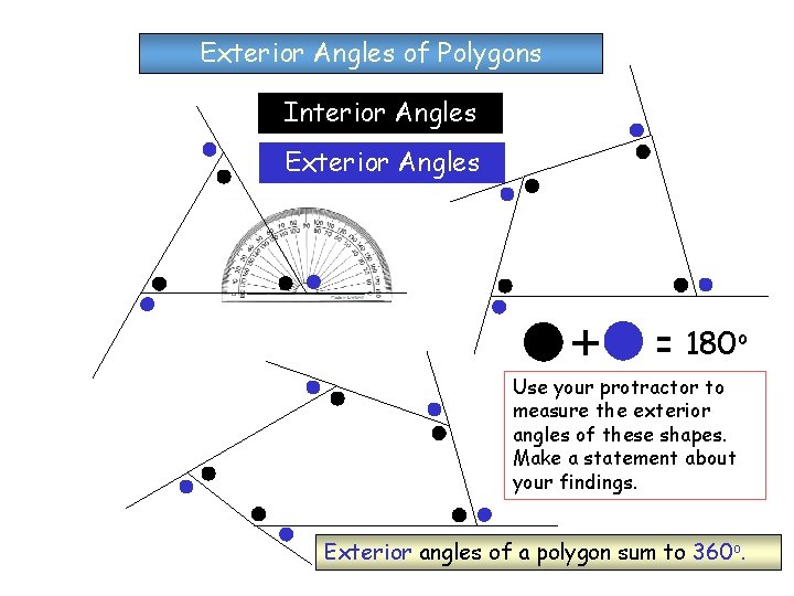 Exterior Angles of Polygons Interior Angles Exterior Angles ? o 180 Use your protractor