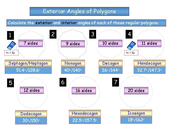 Exterior Angles of Polygons Calculate the exterior and interior angles of each of these