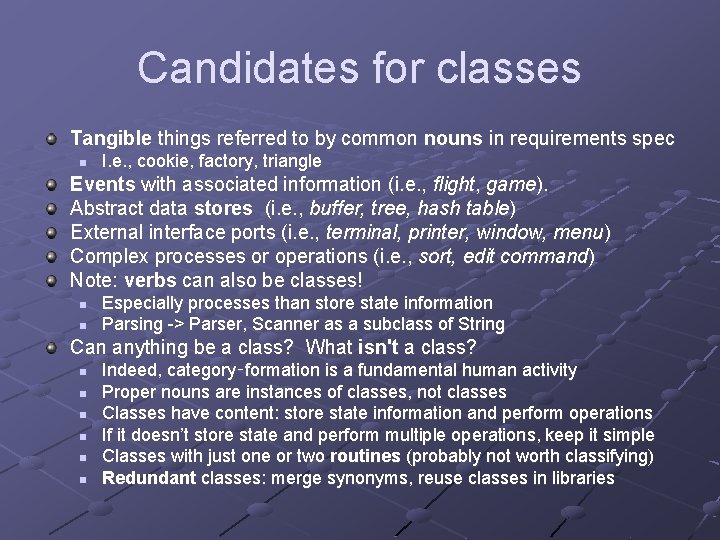Candidates for classes Tangible things referred to by common nouns in requirements spec n