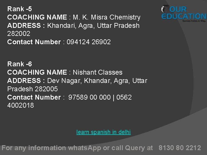 Rank -5 COACHING NAME : M. K. Misra Chemistry ADDRESS : Khandari, Agra, Uttar