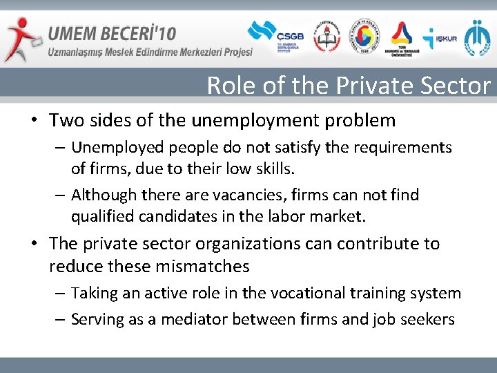 Role of the Private Sector • Two sides of the unemployment problem – Unemployed