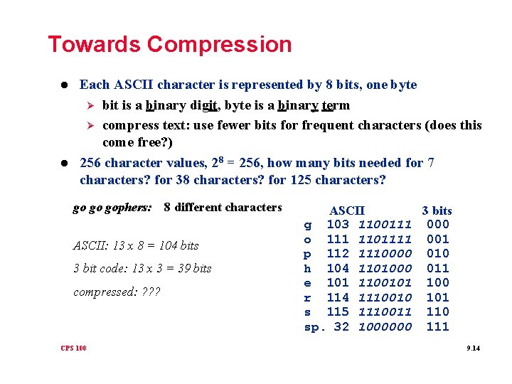 Towards Compression l l Each ASCII character is represented by 8 bits, one byte