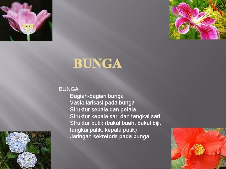 BUNGA Bagian-bagian bunga Vaskularisasi pada bunga Struktur sepala dan petala Struktur kepala sari dan