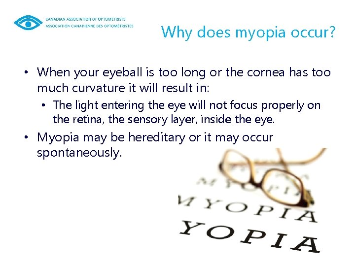 Why does myopia occur? • When your eyeball is too long or the cornea