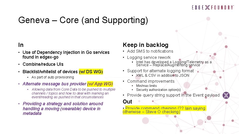 Geneva – Core (and Supporting) In Keep in backlog • Use of Dependency Injection