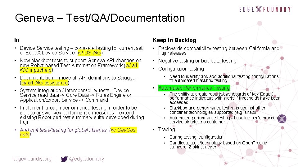 Geneva – Test/QA/Documentation In Keep in Backlog • Device Service testing – complete testing