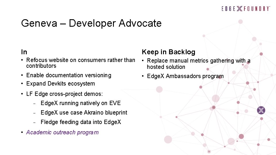 Geneva – Developer Advocate In Keep in Backlog • Refocus website on consumers rather