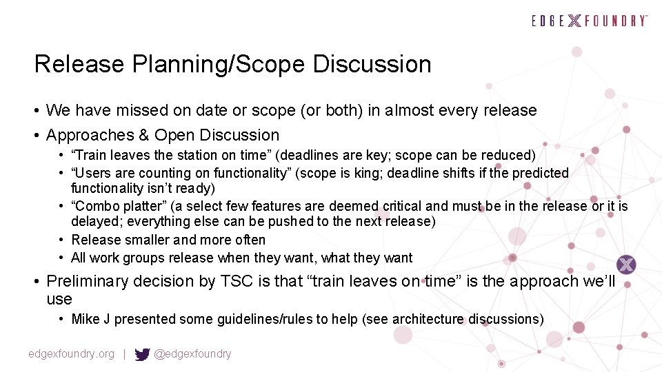 Release Planning/Scope Discussion • We have missed on date or scope (or both) in