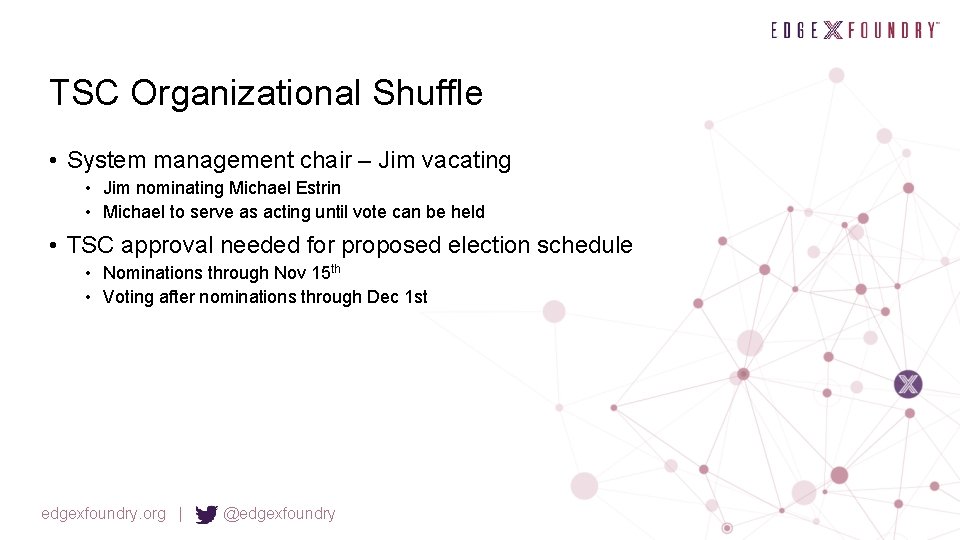 TSC Organizational Shuffle • System management chair – Jim vacating • Jim nominating Michael