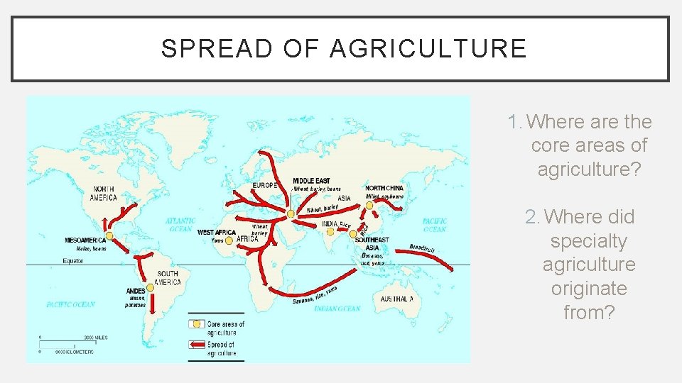 SPREAD OF AGRICULTURE 1. Where are the core areas of agriculture? 2. Where did