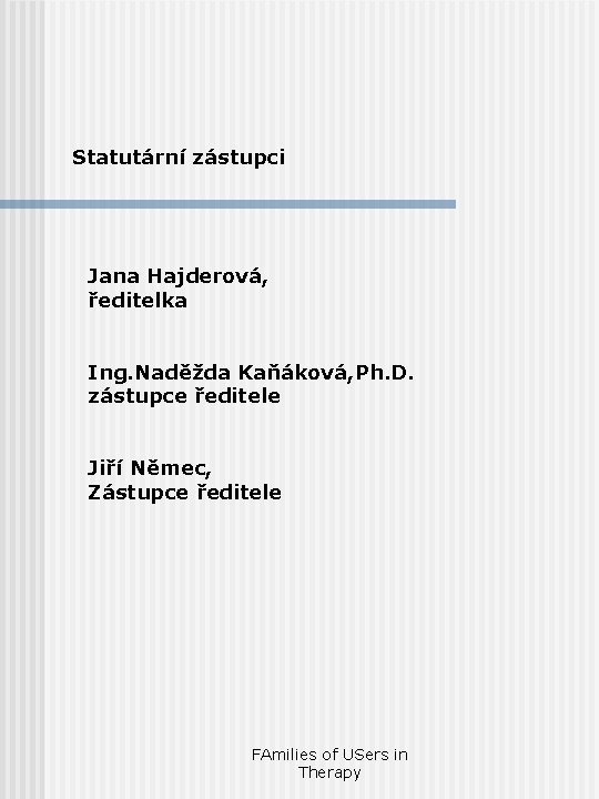 Statutární zástupci Jana Hajderová, ředitelka Ing. Naděžda Kaňáková, Ph. D. zástupce ředitele Jiří Němec,