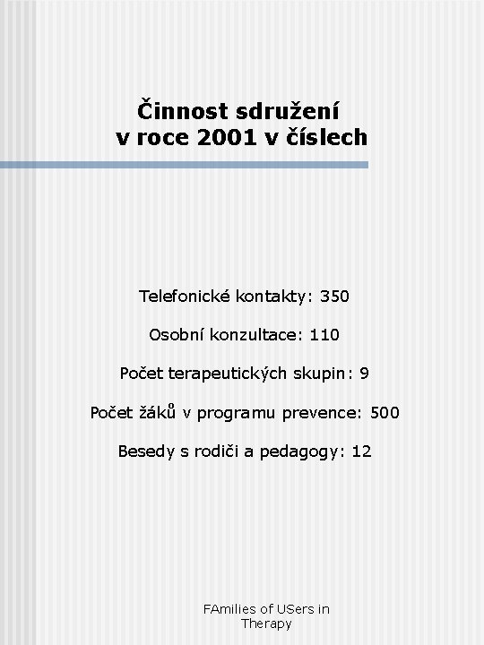 Činnost sdružení v roce 2001 v číslech Telefonické kontakty: 350 Osobní konzultace: 110 Počet