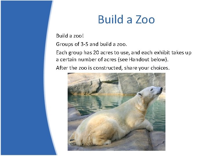Build a Zoo Build a zoo! Groups of 3 -5 and build a zoo.