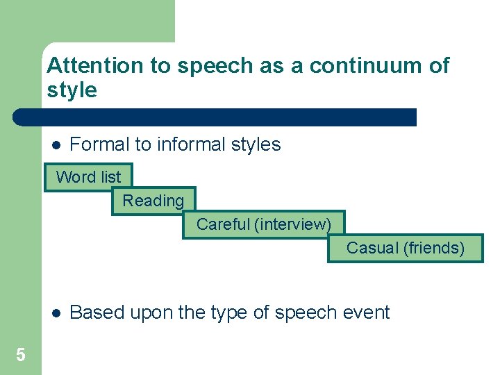 Attention to speech as a continuum of style l Formal to informal styles Word
