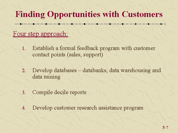 Finding Opportunities with Customers Four step approach: 1. Establish a formal feedback program with