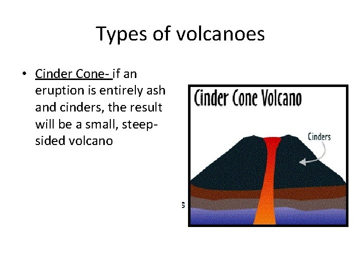 Types of volcanoes • Cinder Cone- if an eruption is entirely ash and cinders,