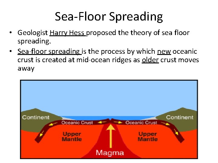 Sea-Floor Spreading • Geologist Harry Hess proposed theory of sea floor spreading. • Sea-floor