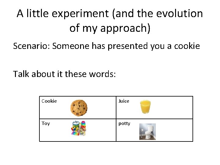 A little experiment (and the evolution of my approach) Scenario: Someone has presented you