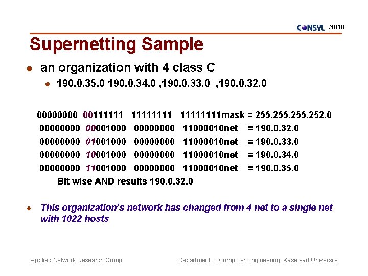 /1010 Supernetting Sample l an organization with 4 class C l 190. 0. 35.