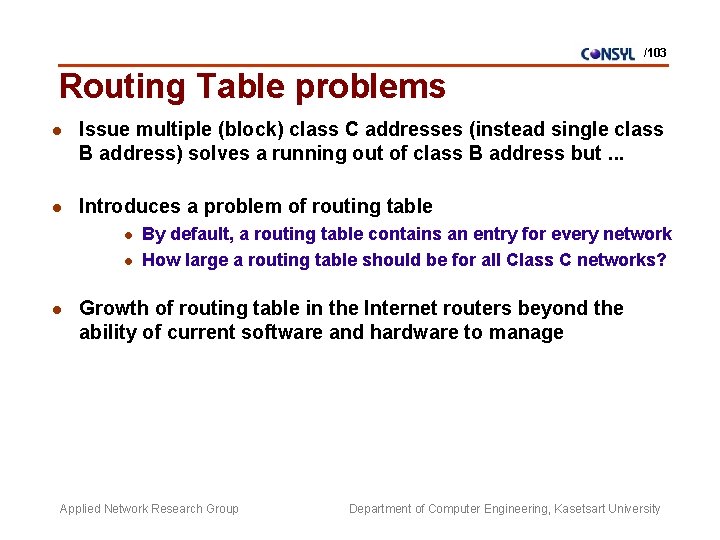 /103 Routing Table problems l Issue multiple (block) class C addresses (instead single class