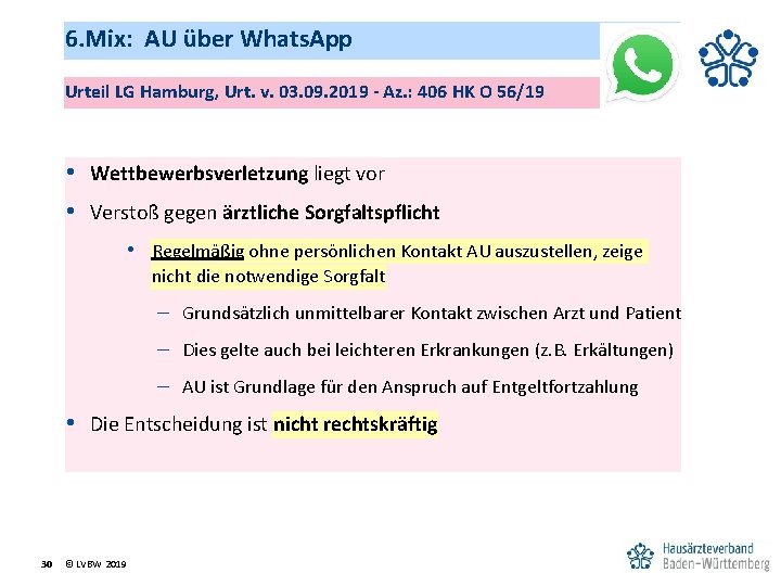 6. Mix: AU über Whats. App Urteil LG Hamburg, Urt. v. 03. 09. 2019