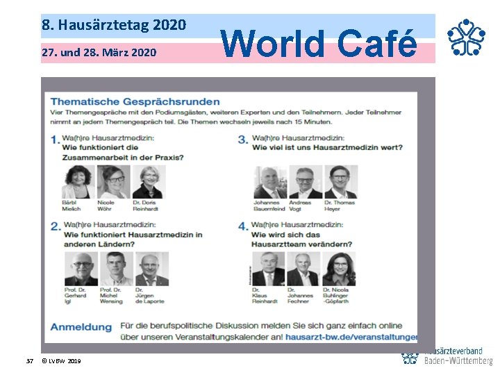 8. Hausärztetag 2020 27. und 28. März 2020 37 © LVBW 2019 World Café