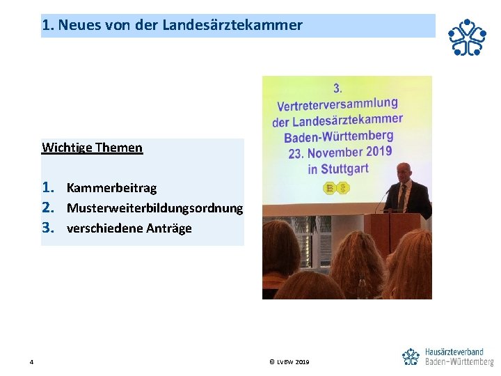 1. Neues von der Landesärztekammer Wichtige Themen 1. Kammerbeitrag 2. Musterweiterbildungsordnung 3. verschiedene Anträge