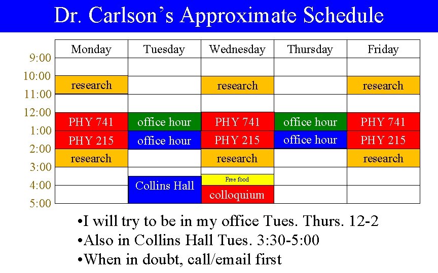 Dr. Carlson’s Approximate Schedule 9: 00 10: 00 11: 00 12: 00 1: 00