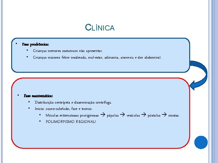 CLÍNICA • Fase prodrômica: • Crianças menores costumam não apresentar. • Crianças maiores: febre