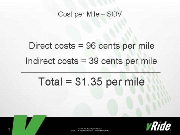 Cost per Mile – SOV Direct costs = 96 cents per mile Indirect costs