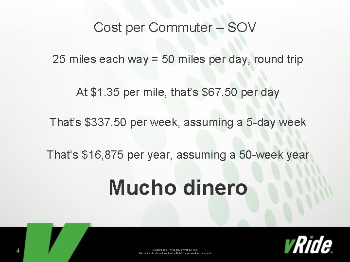 Cost per Commuter – SOV 25 miles each way = 50 miles per day,