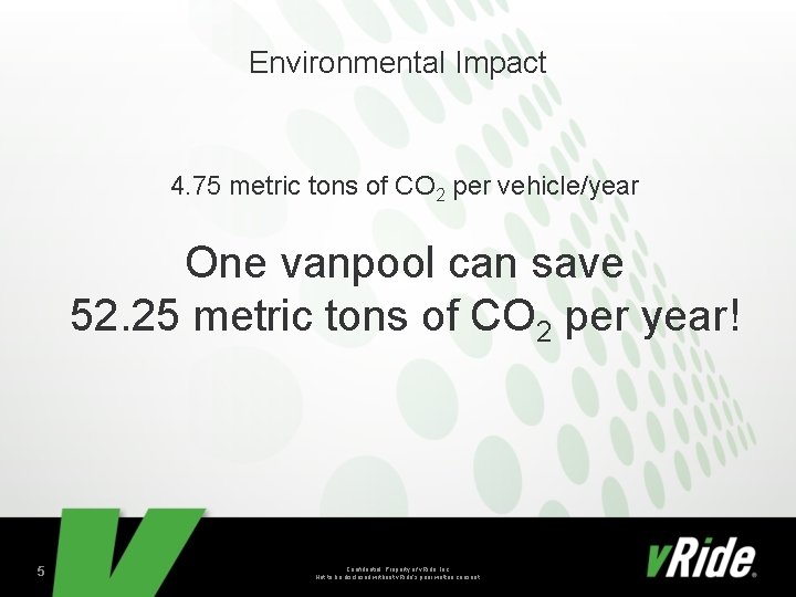 Environmental Impact 4. 75 metric tons of CO 2 per vehicle/year One vanpool can