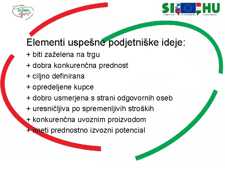 Elementi uspešne podjetniške ideje: + biti zaželena na trgu + dobra konkurenčna prednost +