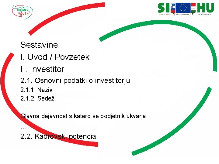 Sestavine: I. Uvod / Povzetek II. Investitor 2. 1. Osnovni podatki o investitorju 2.