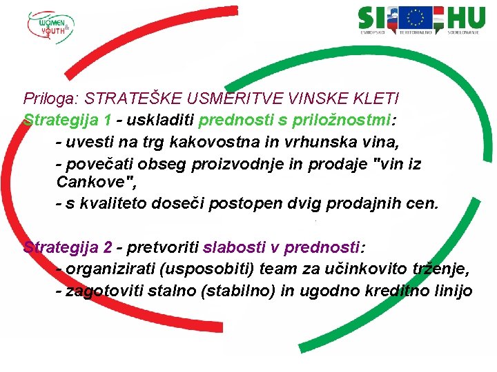 Priloga: STRATEŠKE USMERITVE VINSKE KLETI Strategija 1 - uskladiti prednosti s priložnostmi: - uvesti