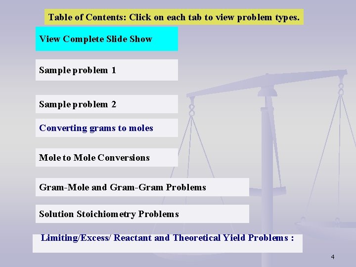 Table of Contents: Click on each tab to view problem types. View Complete Slide