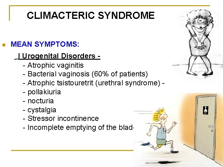 CLIMACTERIC SYNDROME n MEAN SYMPTOMS: I Urogenital Disorders - Atrophic vaginitis - Bacterial vaginosis