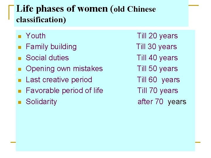 Life phases of women (old Chinese classification) n n n n Youth Till 20