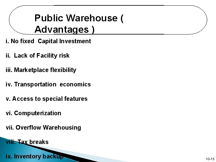 Public Warehouse ( Advantages ) i. No fixed Capital Investment ii. Lack of Facility