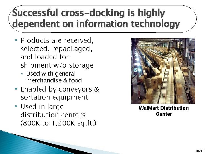 Successful cross-docking is highly dependent on information technology Products are received, selected, repackaged, and
